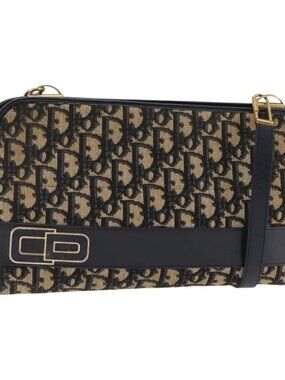 Authentic Christian Dior Trotter Canvas Shoulder Bag Navy Gold
